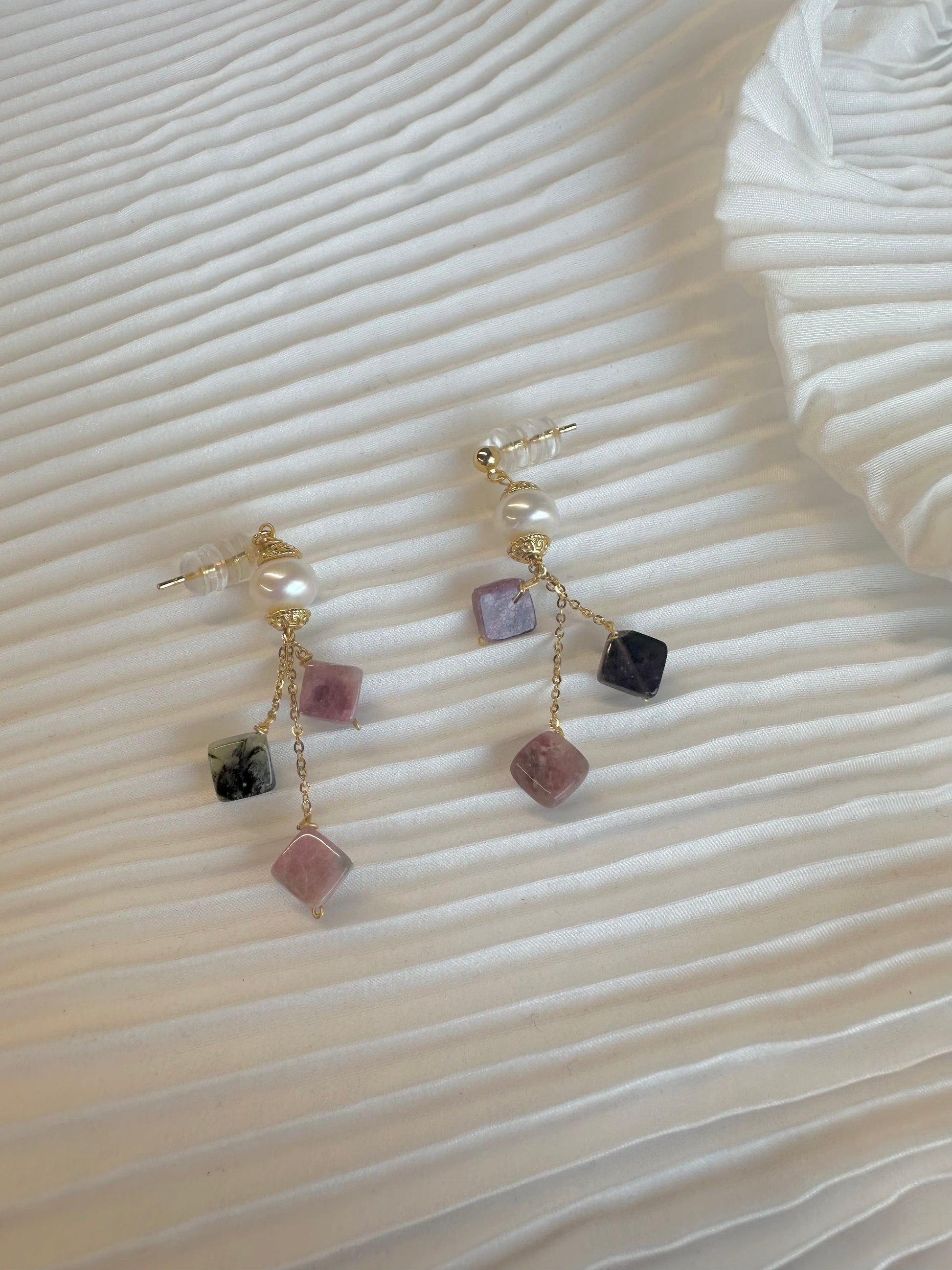 Colorful Gemstone Pearl Series Square Tourmaline Earrings